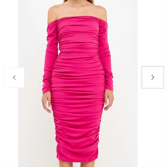 NWOT Endless Rose Off-The-Shoulder Ruched Midi Dress - Picture 3 of 8